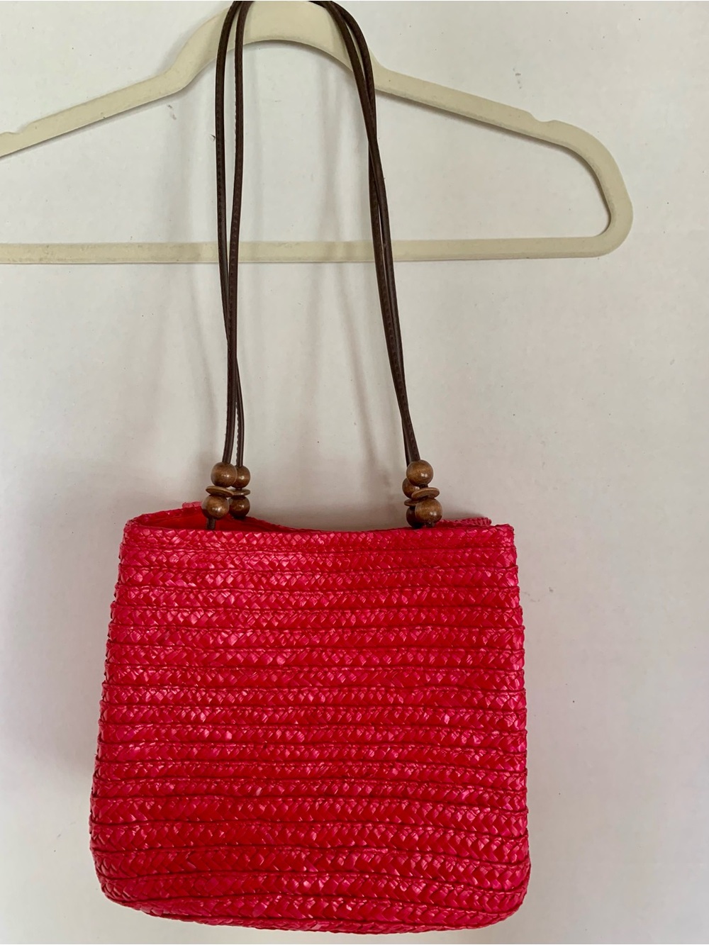 Red Woven straw Shoulder Bag with Wooden Bead Accents